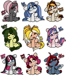 Size: 3942x4500 | Tagged: safe, artist:sexygoatgod, oc, oc only, oc:autumn leaves, oc:bath time, oc:daisy duke, oc:fire light, oc:game glitch, oc:garden sprite, oc:heat lightning, oc:soft kisses, oc:velvet sheets, pony, adoptable, female, male, simple background, transparent background