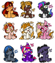 Size: 3942x4500 | Tagged: safe, artist:sexygoatgod, oc, oc only, oc:clove oil, oc:crackle pop, oc:hyper pop, oc:laser energy, oc:late bloom, oc:pop song, oc:rose slip, oc:sun shine, oc:twist tie, pony, adoptable, blushing, female, male, simple background, transparent background