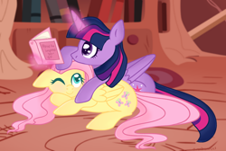 Size: 2898x1952 | Tagged: safe, artist:orcabunnies, fluttershy, twilight sparkle, alicorn, pegasus, pony, g4, bangs, blushing, book, colored pupils, cuddling, duo, duo female, female, floppy ears, folded wings, glowing, glowing horn, golden oaks library, high res, horn, indoors, lesbian, looking at someone, looking at something, lying down, magic, mare, no mouth, one eye closed, one eye open, profile, prone, reading, ship:twishy, shipping, signature, smiling, sparkles, telekinesis, twilight sparkle (alicorn), wing fluff, wings, wink