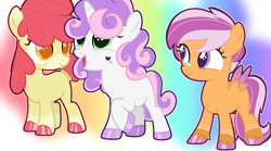 Size: 1199x666 | Tagged: safe, artist:pinkietwinkie12, apple bloom, scootaloo, sweetie belle, earth pony, pegasus, pony, unicorn, g4, cutie mark crusaders, female, filly, foal, horn, simple background, transparent background, trio, trio female