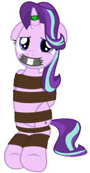 Size: 2000x3838 | Tagged: safe, artist:cardshark777, starlight glimmer, pony, unicorn, g4, bondage, bound and gagged, digital art, eyelashes, female, floppy ears, front view, gag, gem, helpless, hooves, hooves behind back, horn, horn ring, looking at you, magic suppression, mare, ring, rope, rope bondage, simple background, sitting, solo, tape, tape gag, tied up, transparent background, underhoof, wip, worried