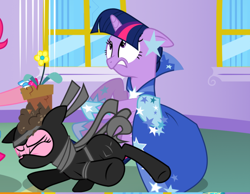 Size: 788x610 | Tagged: artist needed, source needed, safe, pinkie pie, twilight sparkle, earth pony, pony, unicorn, g4, clothes, dress, female, floppy ears, flower pot, gala dress, horn, indoors, mare, ninja, pinkie spy, shoes, stars, twilight sparkle's first gala dress, unicorn twilight