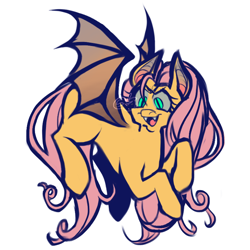 Size: 750x750 | Tagged: safe, artist:slimeysquirrels, fluttershy, bat pony, pony, bats!, g4, >:d, alternate eye color, bat ears, bat eyes, bat ponified, bat wings, blank flank, concave belly, eyelashes, fangs, flutterbat, membranous wings, open mouth, race swap, simple background, slit pupils, solo, watermark, white background, wings, wip