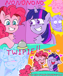 Size: 2162x2631 | Tagged: safe, artist:imsashawaybrightirl, pinkie pie, twilight sparkle, alicorn, earth pony, pony, a trivial pursuit, g4, chest fluff, cute, duo, duo female, eyes closed, female, floating heart, floppy ears, grin, heart, laughing, lesbian, mare, open mouth, open smile, ship:twinkie, shipping, smiling, twilight sparkle (alicorn)