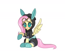 Size: 1675x1347 | Tagged: safe, artist:shagin_, fluttershy, pegasus, pony, g4, clothes, costume, cute, dangerous mission outfit, female, goggles, goggles on head, hoodie, looking at you, mare, raised hoof, shyabetes, simple background, sitting, solo, spread wings, white background, wings