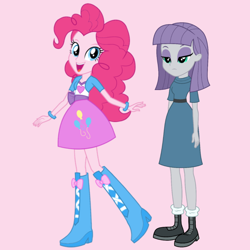 Size: 1080x1080 | Tagged: safe, alternate version, editor:josephpatrickbrennan, maud pie, pinkie pie, human, equestria girls, g4, clothes, duo, duo female, female, open mouth, open smile, pink background, siblings, simple background, sisters, smiling