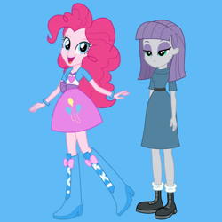 Size: 1080x1080 | Tagged: safe, alternate version, editor:josephpatrickbrennan, maud pie, pinkie pie, human, equestria girls, g4, blue background, clothes, duo, duo female, female, open mouth, open smile, siblings, simple background, sisters, smiling