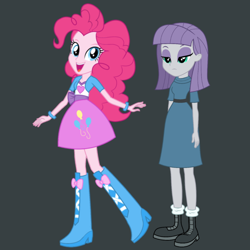 Size: 1080x1080 | Tagged: safe, alternate version, editor:josephpatrickbrennan, maud pie, pinkie pie, human, equestria girls, g4, clothes, dark gray background, duo, duo female, female, gray background, open mouth, open smile, siblings, simple background, sisters, smiling, solo