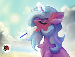 Size: 2048x1536 | Tagged: safe, artist:unclechai, king sombra, radiant hope, crystal pony, pony, unicorn, g4, beach, cloud, eyes closed, female, food, horn, ice cream, male, popsicle, ship:hopebra, shipping, sky, solo, straight, suggestive eating, summer, sun