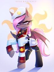 Size: 2229x3000 | Tagged: safe, artist:opal_radiance, oc, oc only, oc:wintergleam, bat pony, clothes, commission, gradient background, military uniform, solar empire, solar uniform, solo, uniform