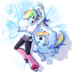 Size: 2048x2048 | Tagged: safe, artist:izuchi, rainbow dash, human, pegasus, pony, equestria girls, g4, duality, female, human ponidox, mare, multicolored hair, rainbow hair, self paradox, self ponidox, zoom layer