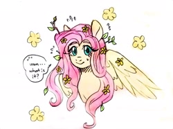 Size: 1911x1420 | Tagged: safe, artist:arxielle, artist:kiiremi, fluttershy, pegasus, pony, g4, buttercup, dialogue, female, flower, flower in hair, implied big macintosh, implied fluttermac, implied shipping, implied straight, looking at you, mare, simple background, smiling, smiling at you, solo, speech bubble, white background