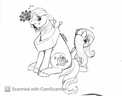 Size: 1831x1443 | Tagged: safe, artist:arxielle, artist:kiiremi, big macintosh, fluttershy, earth pony, pegasus, pony, g4, bouquet, duo, duo male and female, emanata, female, flower, grayscale, male, mare, monochrome, plewds, ship:fluttermac, shipping, simple background, size difference, stallion, straight, white background