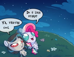 Size: 1998x1543 | Tagged: safe, artist:skysorbett, oc, oc only, oc:sky sorbet, oc:smoky spectre, pegasus, pony, unicorn, chibi, cloud, dialogue, do u like stars?, duo, duo female, female, flower, grass, horn, lying down, meme, night, night sky, outdoors, sky, speech bubble, stargazing, stars, wingding eyes