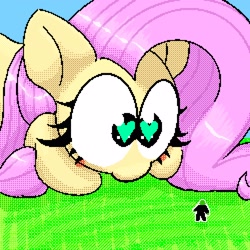 Size: 2500x2500 | Tagged: safe, artist:boneappleteeth, fluttershy, oc, oc:anon, human, pegasus, pony, g4, blush sticker, blushing, digital art, female, grass, heart, heart eyes, mare, micro, pixel art, size difference, wide eyes, wingding eyes