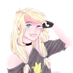 Size: 3000x3000 | Tagged: safe, artist:vieta, oc, oc only, oc:marshmallow bombshell, human, blonde hair, blue eyes, bracelet, bust, choker, clothes, collar, ear piercing, earring, eye clipping through hair, eyebrows, eyebrows visible through hair, female, fluffy hair, gloves, hair ribbon, human female, humanized, humanized oc, jewelry, long eyelashes, long hair, looking at you, multicolored hair, open smile, piercing, pigtails, pink hair, ribbon, signature, simple background, smiling, smiling at you, solo, striped hair, three quarter view, two toned hair, white background, white hair