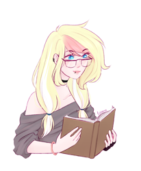 Size: 2160x2624 | Tagged: safe, artist:vieta, oc, oc only, oc:marshmallow bombshell, human, blonde hair, blue eyes, book, bracelet, bust, choker, clothes, collar, ear piercing, earring, eye clipping through hair, eyebrows, eyebrows visible through hair, female, fluffy hair, glasses, gloves, hair ribbon, human female, humanized, humanized oc, jewelry, long eyelashes, long hair, looking sideways, multicolored hair, piercing, pigtails, pink hair, ribbon, signature, simple background, smiling, solo, striped hair, three quarter view, two toned hair, white background, white hair