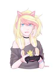 Size: 2160x2880 | Tagged: safe, artist:vieta, oc, oc only, oc:marshmallow bombshell, human, blonde hair, blue eyes, bracelet, bust, choker, clothes, collar, controller, ear piercing, earbuds, earring, eye clipping through hair, eyebrows, eyebrows visible through hair, female, fluffy hair, frown, gloves, hair ribbon, human female, humanized, humanized oc, jewelry, long eyelashes, long hair, looking at you, multicolored hair, piercing, pigtails, pink hair, ribbon, signature, simple background, smiling, solo, striped hair, three quarter view, two toned hair, white background, white hair