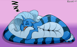 Size: 2600x1600 | Tagged: safe, artist:rubiont, oc, oc only, oc:triksa, lamia, original species, coiling, coils, comfy, eyes closed, fat, fat tail, gradient background, onomatopoeia, open mouth, sleeping, sleeping on a belly, snooze, solo, sound effects, tail, tongue out, zzz