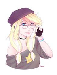 Size: 2160x2880 | Tagged: safe, artist:vieta, oc, oc only, oc:marshmallow bombshell, human, blonde hair, blue eyes, bracelet, bust, choker, clothes, collar, ear piercing, earring, eye clipping through hair, eyebrows, eyebrows visible through hair, female, fluffy hair, glasses, gloves, hair ribbon, hat, human female, humanized, humanized oc, jewelry, long eyelashes, long hair, looking at you, multicolored hair, open smile, piercing, pigtails, pink hair, ribbon, signature, simple background, smiling, smiling at you, solo, striped hair, three quarter view, two toned hair, white background, white hair