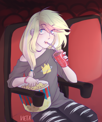 Size: 3000x3565 | Tagged: safe, artist:vieta, oc, oc only, oc:marshmallow bombshell, human, blonde hair, blue eyes, bracelet, bust, choker, cinema, clothes, coke, collar, drink, drinking, ear piercing, earring, eye clipping through hair, eyebrows, eyebrows visible through hair, female, fluffy hair, food, gloves, hair ribbon, human female, humanized, humanized oc, indoors, jewelry, long eyelashes, long hair, looking at you, multicolored hair, piercing, pigtails, pink hair, popcorn, raised eyebrows, ribbon, signature, sitting, smiling, smiling at you, soda, solo, striped hair, three quarter view, two toned hair, white hair