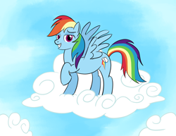 Size: 3300x2550 | Tagged: safe, anonymous artist, rainbow dash, pegasus, pony, g4, clip studio paint, cloud, digital painting, faic, female, grin, looking at you, mare, raised hoof, smiling, smug, smugdash, solo, spread wings, standing, wings