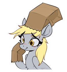 Size: 1960x2110 | Tagged: safe, artist:aquaticvibes, derpy hooves, pegasus, pony, g4, blush lines, blushing, bust, clothes, costume, cute, derpabetes, eyebrows, eyebrows visible through hair, female, high res, mare, nightmare night costume, paper bag, paper bag wizard, simple background, smiling, solo, transparent background