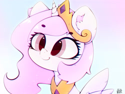 Size: 4000x3000 | Tagged: safe, alternate character, alternate version, artist:zokkili, princess celestia, alicorn, pony, g4, beanbrows, cewestia, crown, cute, cutelestia, ear fluff, eye clipping through hair, eyebrows, eyebrows visible through hair, female, filly, filly celestia, high res, horn, jewelry, peytral, pink-mane celestia, regalia, signature, smiling, solo, spread wings, wings, younger