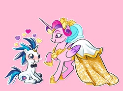 Size: 1973x1463 | Tagged: safe, artist:nikokatt, princess cadance, shining armor, alicorn, unicorn, g4, blushing, bowtie, clothes, dress, duo, female, floating heart, heart, height difference, horn, horn ring, male, mare, meme, necktie, pink background, ring, ship:shiningcadance, shipping, simple background, sitting, smiling, stallion, straight, the bride and the ugly ass groom, toy interpretation, veil, wedding dress