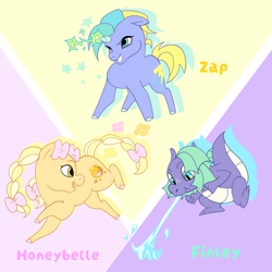 Size: 2048x2048 | Tagged: safe, artist:aztrial, oc, oc only, oc:finley, oc:honeybelle, oc:zap, dragon, earth pony, pony, unicorn, 3d cutie mark, bow, braid, braided pigtails, braided tail, colored hooves, colored horn, dragon oc, dragonfire, earth pony oc, freckles, hair bow, hooves, horn, magic, non-pony oc, pigtails, tail, tail bow, unicorn oc