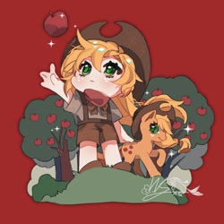 Size: 2048x2048 | Tagged: safe, artist:wumingshi61160, applejack, earth pony, human, pony, g4, apple, apple tree, applejack's hat, blonde hair, chibi, cowboy hat, cute, duality, female, food, grass, green eyes, hat, human ponidox, humanized, jackabetes, looking up, mare, raised hoof, red background, self paradox, self ponidox, simple background, smiling, solo, sparkles, tree