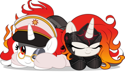 Size: 8393x5000 | Tagged: safe, artist:jhayarr23, oc, oc only, oc:red rocket, oc:solar storm, unicorn, armor, cap, clothes, commission, duo, eyeshadow, glasses, hat, horn, makeup, peaked cap, simple background, transparent background, unicorn oc, uniform, ych result