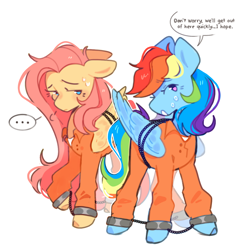 Size: 1280x1280 | Tagged: safe, artist:yun_nhee, fluttershy, rainbow dash, pegasus, pony, g4, ankle cuffs, bound wings, chained, chains, clothes, commissioner:rainbowdash69, cuffs, duo, duo female, female, jumpsuit, nervous sweat, never doubt rainbowdash69's involvement, prison outfit, prisoner, prisoner fs, prisoner rd, shackles, shirt, simple background, sweat, sweatdrop, sweatdrops, undershirt, white background, wings