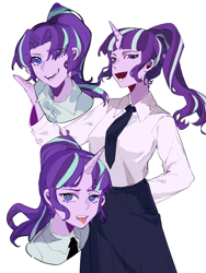 Size: 1620x2160 | Tagged: safe, artist:wumingshi61160, starlight glimmer, human, g4, anime style, clothes, female, horn, horned humanization, humanized, necktie, open mouth, open smile, simple background, skirt, smiling, solo, triality, white background