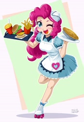 Size: 832x1200 | Tagged: safe, artist:uotapo, color edit, edit, editor:overlord 2, pinkie pie, human, equestria girls, g4, burger, food, french fries, light skin, light skin edit, pie, roller skates, server pinkie pie, skates, skin color edit, solo, waitress