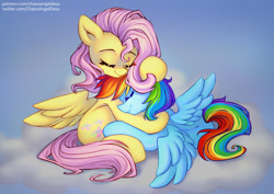 Size: 1414x1000 | Tagged: safe, artist:chaosangeldesu, fluttershy, rainbow dash, pegasus, pony, g4, cloud, duo, duo male and female, eyes closed, female, hug, lesbian, male, mare, ship:flutterdash, shipping