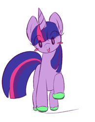 Size: 489x629 | Tagged: safe, artist:violavaquita, twilight sparkle, pony, unicorn, g4, blush sticker, blushing, crocs, female, happy, horn, looking at you, mare, open mouth, open smile, png, ponerpics import, raised hoof, simple background, smiling, smiling at you, solo, thick horn, twilight crockle, unicorn twilight, white background