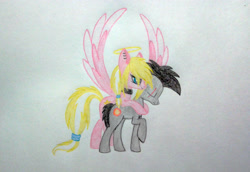 Size: 3691x2537 | Tagged: safe, artist:leaenala, oc, oc only, oc:gitzo, oc:marshmallow bombshell, earth pony, pegasus, pony, black hair, black mane, blonde hair, blonde tail, blue eyes, choker, collar, duo, ear piercing, earring, earth pony oc, eyelashes, feathered wings, female, fluffy hair, fluffy mane, fluffy tail, frown, full body, gray coat, hair ribbon, jewelry, long eyelashes, long hair, male, mare, multicolored hair, multicolored mane, multicolored tail, nimbus, pegasus oc, pegasus wings, piercing, pigtails, pink coat, ponytail, ribbon, scar, side view, simple background, smiling, spread wings, striped hair, striped mane, striped tail, tail, traditional art, two toned hair, two toned mane, two toned tail, white hair, white tail, wings