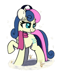 Size: 294x327 | Tagged: safe, artist:maretian, bon bon, sweetie drops, earth pony, pony, g4, aggie.io, clothes, earmuffs, female, fluffy, mare, outdoors, scarf, simple background, snow, solo, transparent background, winter coat