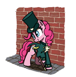 Size: 486x495 | Tagged: safe, artist:maretian, pinkie pie, earth pony, pony, g4, brick wall, cane, clothes, female, hat, mare, outdoors, road, simple background, solo, steampunk, top hat, transparent background, walking stick