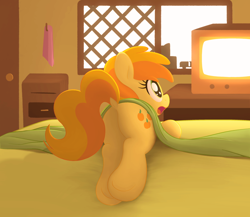 Size: 3000x2600 | Tagged: safe, artist:algoatall, peachy pie, earth pony, pony, g4, bed, bedroom, bedsheets, butt, dock, featureless crotch, female, filly, foal, happy, indoors, lying down, open mouth, plot, prone, solo, tail, tail aside, television, watching tv, window