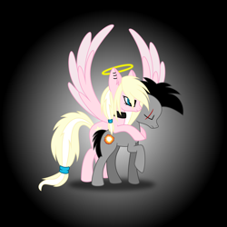 Size: 3000x3000 | Tagged: safe, artist:gitzomailru, oc, oc only, oc:gitzo, oc:leaenala, earth pony, pegasus, pony, black hair, black mane, blonde hair, blonde tail, blue eyes, choker, collar, duo, ear piercing, earring, earth pony oc, eyelashes, feathered wings, female, fluffy hair, fluffy mane, fluffy tail, frown, full body, gradient background, gray coat, hair ribbon, jewelry, long eyelashes, long hair, male, mare, multicolored hair, multicolored mane, multicolored tail, nimbus, pegasus oc, pegasus wings, piercing, pigtails, pink coat, ponytail, ribbon, scar, side view, smiling, spread wings, striped hair, striped mane, striped tail, tail, two toned hair, two toned mane, two toned tail, vector, white hair, white tail, wings