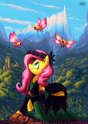 Size: 2480x3508 | Tagged: safe, artist:jowyb, fluttershy, butterfly, insect, moth, pegasus, pony, g4, alternate hairstyle, castle, clothes, dress, female, forest, high res, mare, mountain, nature, outdoors, rosy maple moth, solo, tree, water, waterfall