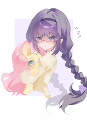 Size: 2080x2900 | Tagged: safe, artist:boheweidecaihong, fluttershy, human, pegasus, pony, g4, anime, clothes, crossover, female, glasses, homura akemi, hug, human female, magical girl, mare, passepartout, puella magi madoka magica, purple background, school uniform, simple background, sweat, sweatdrop, upper body