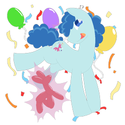 Size: 720x720 | Tagged: safe, artist:seventeen1717, party favor, pony, unicorn, g4, balloon, balloon animal, confetti, digital art, happy, horn, lineless, magic, magic aura, male, newbie artist training grounds, pixel art, signature, simple background, solo, telekinesis, transparent background