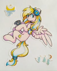 Size: 1718x2160 | Tagged: safe, artist:lazy bread corner, oc, oc only, oc:leaenala, pony, blonde hair, blonde tail, blue eyes, choker, collar, controller, ear piercing, earbuds, earring, eyelashes, female, fluffy hair, fluffy mane, fluffy tail, hair ribbon, jewelry, long eyelashes, long hair, looking at you, mare, multicolored hair, multicolored mane, multicolored tail, piercing, pigtails, pink coat, ponytail, raised eyebrows, ribbon, simple background, spread wings, striped hair, striped mane, striped tail, tail, traditional art, two toned hair, two toned mane, two toned tail, white background, white hair, white tail, wings