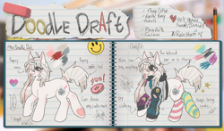 Size: 2000x1172 | Tagged: safe, artist:pensu, oc, oc only, oc:doodle draft, earth pony, pony, :p, big eyes, clothes, digital art, donut, doodle, eraser, eyelashes, food, hoodie, lined paper, long mane, mlem, notebook, paper, pencil, raised hoof, reference sheet, silly, sketch, smiley face, socks, tongue out, white coat