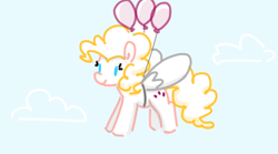 Size: 714x397 | Tagged: safe, artist:algoatall, pinkie pie, surprise, earth pony, pony, g1, balloon, clothes, cosplay, costume, female, floating, flying, mare, pinktober, pinktober 2023, solo