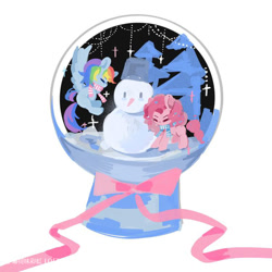 Size: 750x750 | Tagged: safe, artist:boheweidecaihong, pinkie pie, rainbow dash, earth pony, pegasus, pony, g4, clothes, duo, duo female, female, scarf, simple background, snow, snow globe, snowman, striped scarf, white background