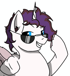 Size: 982x1066 | Tagged: safe, artist:thomas.senko, oc, oc:soft light, alicorn, pony, blue eyes, commission, eyebrows, eyebrows visible through hair, light skin, male, raised eyebrow, red hair, simple background, smiling, solo, stallion, sunglasses, white background, ych result